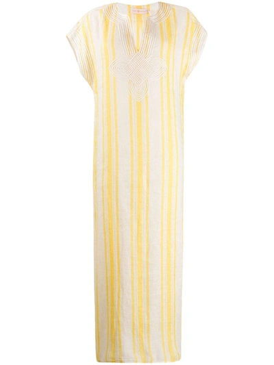 Tory Burch Awning Appliquéd Striped Linen-gauze Kaftan In Sunny Yellow
