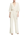 Halston Wide-leg 3/4-sleeve Wrap-front Jumpsuit W/ Tie Waist In Chalk