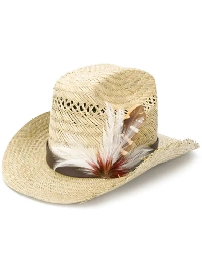Saint Laurent Feather-trimmed Straw Cowboy Hat In Beige
