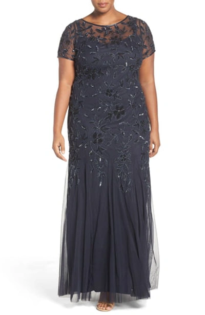 Adrianna Papell Plus Floral Embellished Godet Gown In Twilight