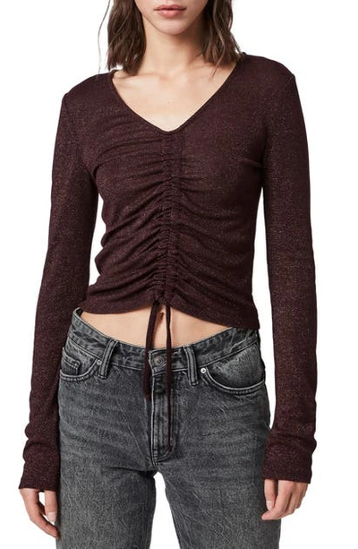 Allsaints Rina Glitz Ruched Drawstring Top In Copper Red