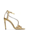 Jimmy Choo Thaia 100 Offene Sandaletten Aus Goldenem Leder Mit Natterrelief Und Kristallkette