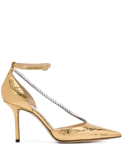 Jimmy Choo Talika Crystal-embellished Metallic Snake-effect Leather Pu In Gold