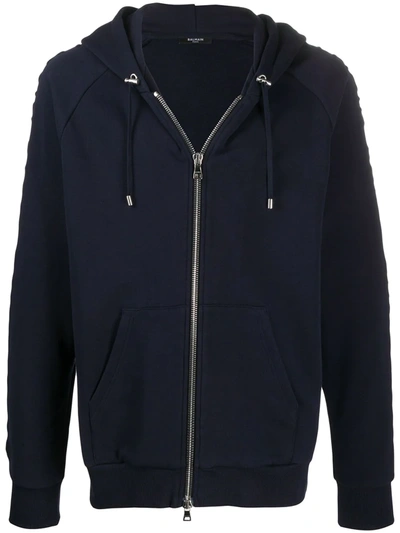 Balmain Embossed Logo Zipped Hoodie In Blu