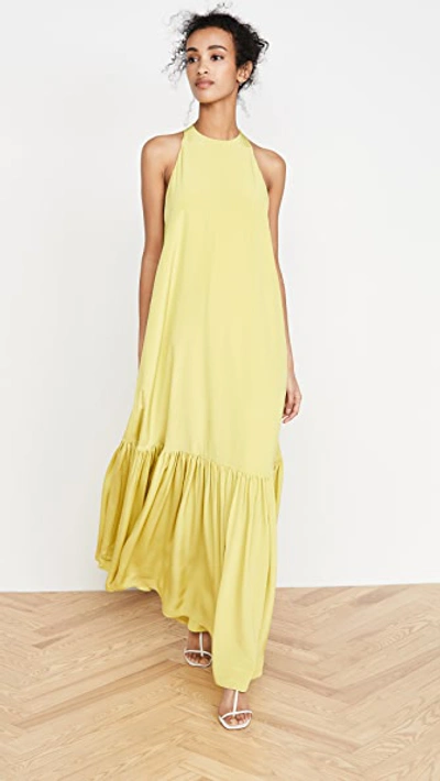 Tibi Long Halter Dress In Lime Yellow