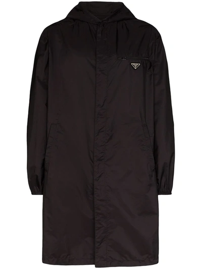 Prada Logo-embellished Hooded Nylon Coat In Black