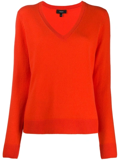 Theory V-neck Fine Knit Jumper In Orange