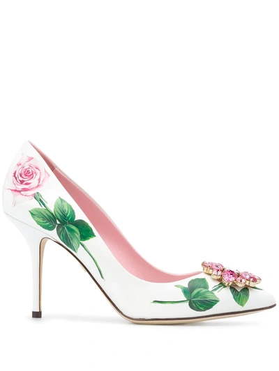 Dolce & Gabbana Tropical Rose Crystal-embellished Pumps In White