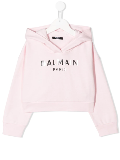 Balmain Kids' Rose Pink Cotton Logo Print Hoodie In Rosa