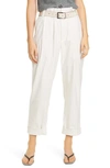 Brunello Cucinelli Pleated Pinstripe Stretch Cotton & Linen Ankle Pants In White
