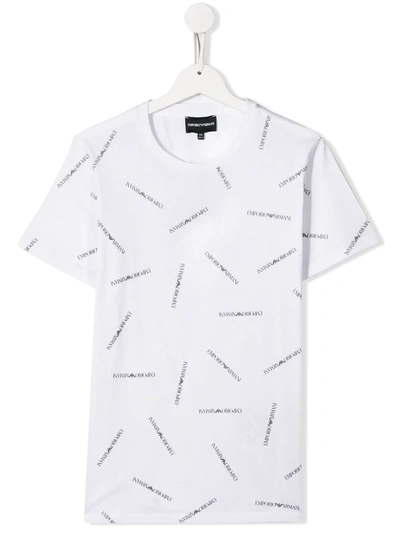 Emporio Armani Kids' Crew Neck All Over Logo Print T-shirt In White