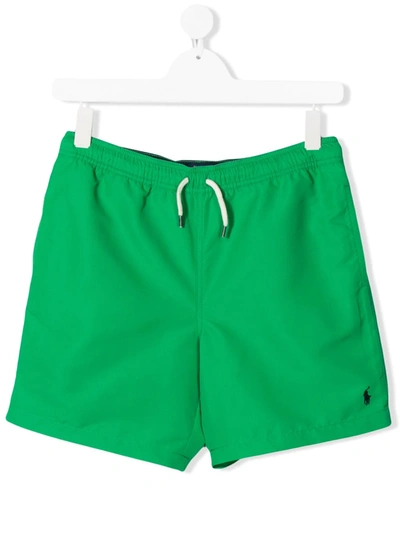 Ralph Lauren Kids' Logo Embroidered Drawstring Swim Shorts In Green