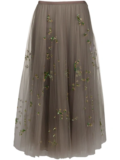 Valentino Birds-embroidered Tulle Skirt In Grey