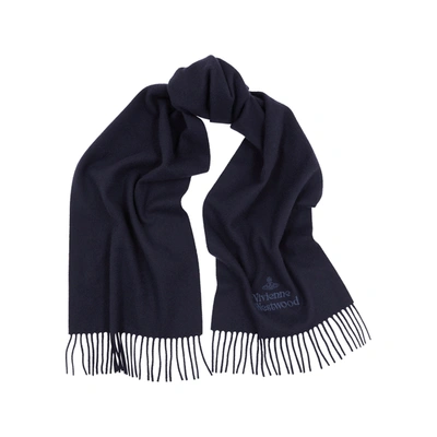 Vivienne Westwood Mens Navy Blue Orb And Logo-embroidered Wool Scarf