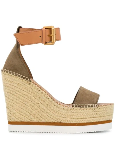 See By Chloé Crosta Leather-trimmed Suede Espadrille Wedge Sandals In Green