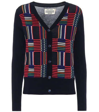 Tory Sport Checked Wool-jacquard Cardigan In Blue