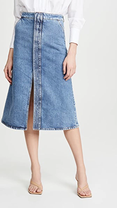 Stella Mccartney Light Wash Denim Midi Skirt With Front Slit In Salt & Pepper