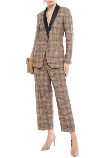 Brunello Cucinelli Bead-embellished Satin-trimmed Checked Woven Blazer In Light Brown