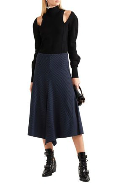 Chloé Asymmetric Pinstriped Jersey Midi Skirt In Midnight Blue