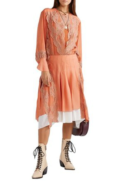 Chloé Lace-trimmed Pleated Chiffon And Crepe Midi Dress In Orange