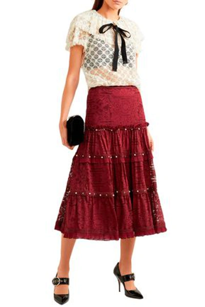Jonathan Simkhai Embellished Corded Lace Midi Skirt In Claret
