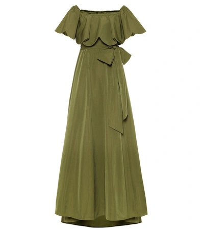 Valentino Ruffled Off-the-shoulder Cotton-blend Gown In Green