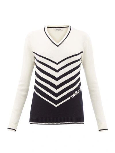 Valentino Chevron-stripe Wool-blend Sweater In White