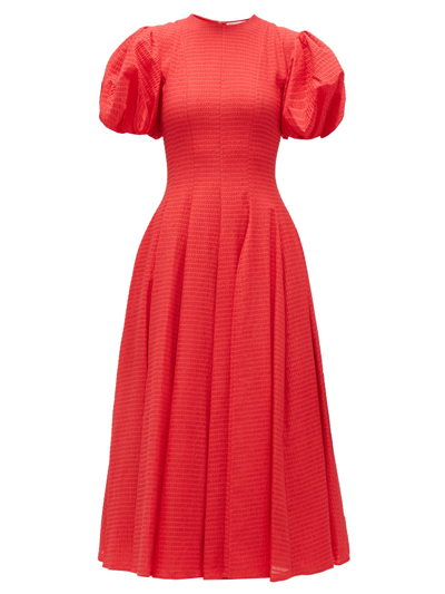 Emilia Wickstead Doreen Puff-sleeve Seersucker Midi Dress In Red