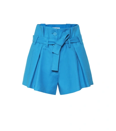 Attico Paperbag-waist Pleated Cotton-blend Shorts In Blue