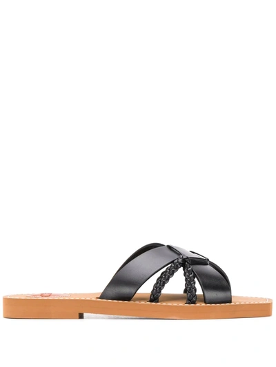 Chloé Woody Crossover-strap Leather Slides In Black