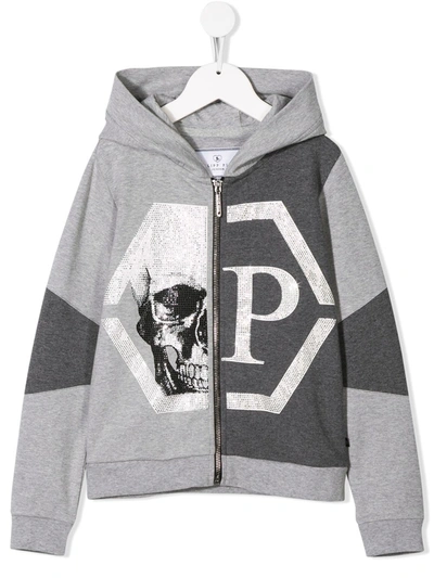 Philipp Plein Junior Kids' Skull Zip Front Hoodie In Grey