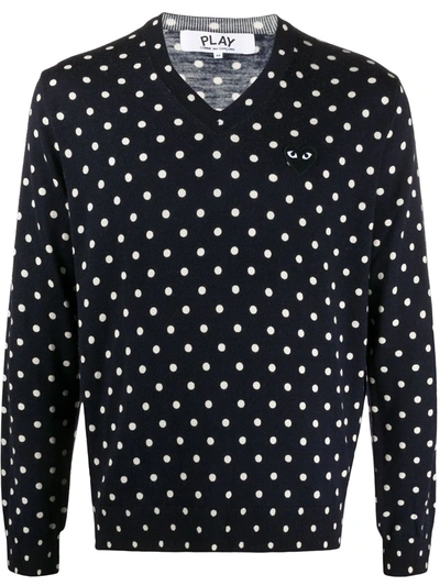 Comme Des Garçons Play Polka-dot Print V-neck Sweater In Blue