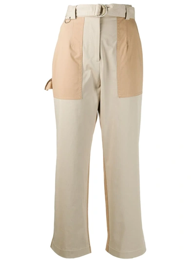 Msgm Patched Cropped Loose-fit Trousers In Neutrals