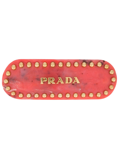 Prada Studded Marbled-acrylic Hair Clip In Red