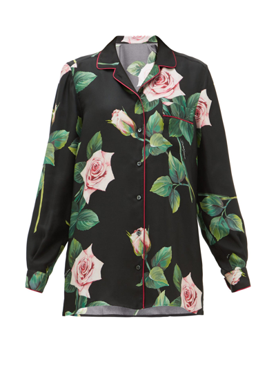 Dolce & Gabbana Rose-print Silk-satin Shirt In Black