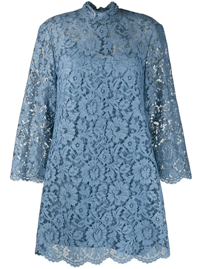 Valentino High Neck Lace Shift Dress In Blue