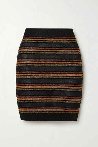 Balmain Striped Wool And Metallic Knitted Mini Skirt In Black