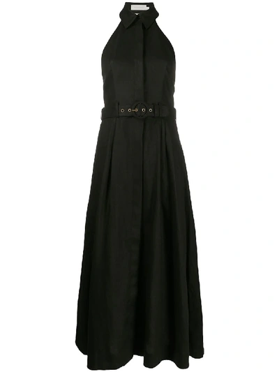 black halter plunge dress Lien Mesh Velvet Plunge Midi Dress - Black