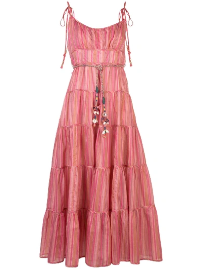 Zimmermann Bonita Embellished Striped Tiered Cotton-voile Midi Dress In Pink
