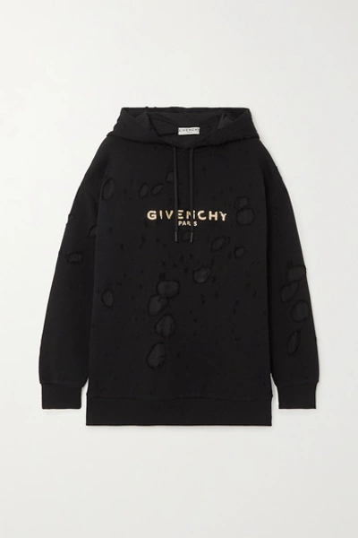 Givenchy Distressed Metallic Printed Cotton Jersey Hoodie In Black