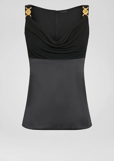 Versace Draped-neck Satin Top In Black