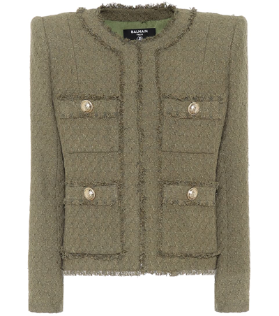 Balmain Raw-edge Cotton-blend Tweed Blazer In Olive/army