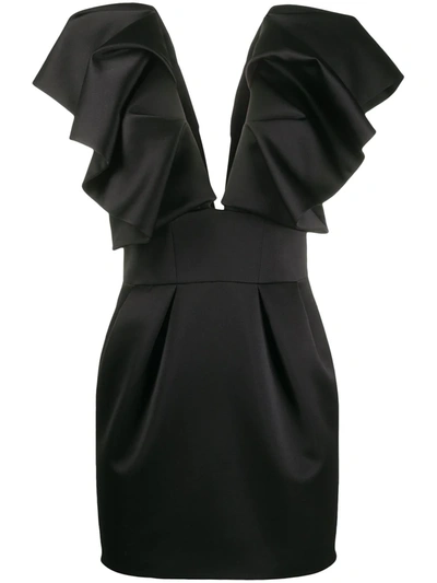 Alexandre Vauthier Ruffled Plunge-neck Satin Mini Dress In Black