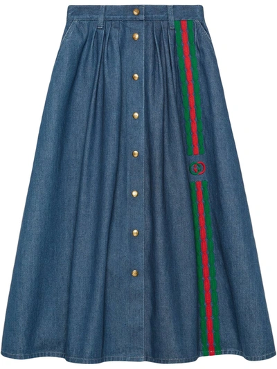 Gucci Web Stripe-embroidered Denim Midi-skirt In Blue