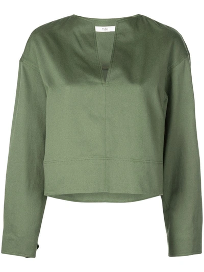 Tibi Harrison Slit-neck Cotton-twill Blouse In Army Green