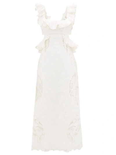 Zimmermann Super Eight Ruffled Embroidered Midi Dress In White