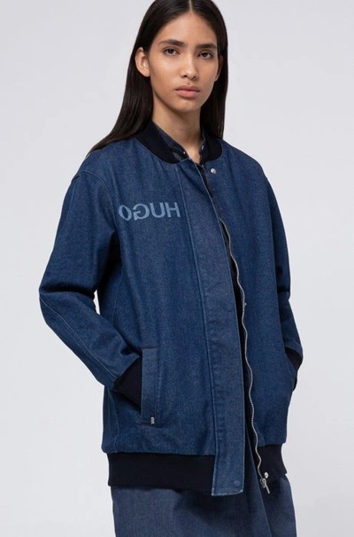 Hugo Oversized-fit Bomber-style Jacket In Stretch Denim In Blue