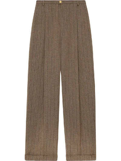 Gucci Cropped Herringbone Wool-blend Trousers In Brown