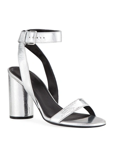 Balenciaga Oval Metallic Leather Ankle Sandals In Silver