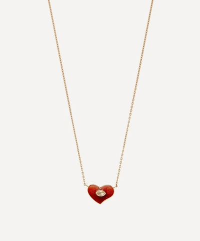 Brooke Gregson Gold Red Heart Engraved Enamel Diamond Pendant Necklace